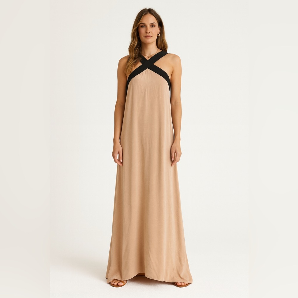 Elegant Tan Maxi Dress with Black Straps NWT